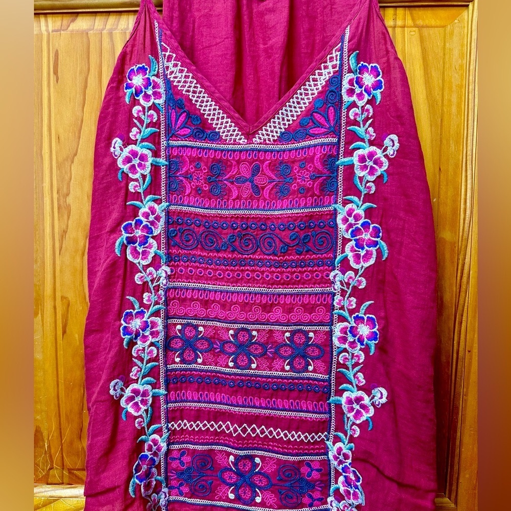 Johnny Was Workshop Ramie Linen Embroidered Spaghetti Strap Top Red Medium